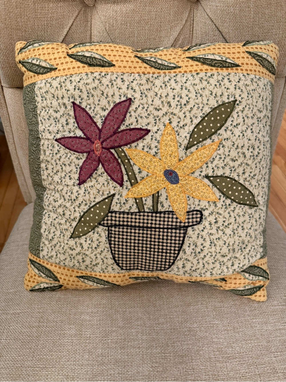 Handmade Floral Applique Decorative Pillow - Yellow & Green